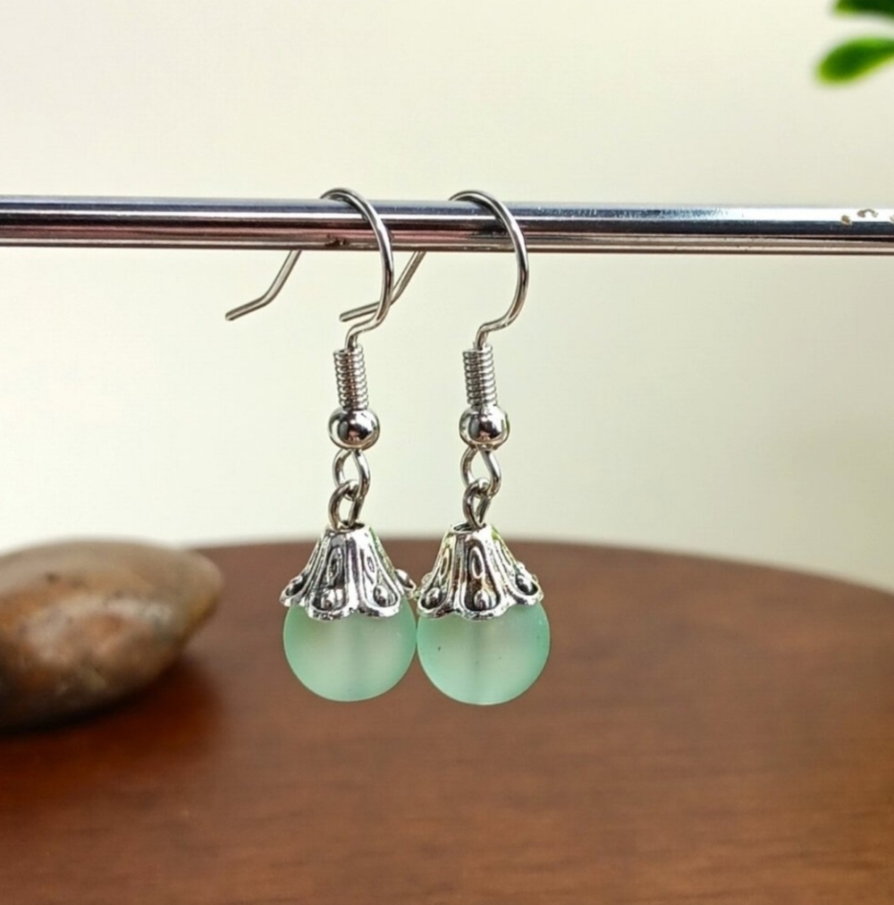 NWT Super Cute Green Matte Glass Ball Silver Stainless Steel Earrings!